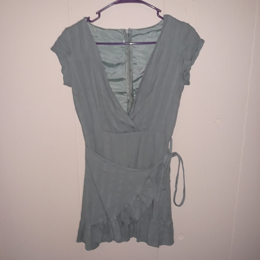 Women’s Blue short sleeve wrap dress mini ruffle summer travel party formal work